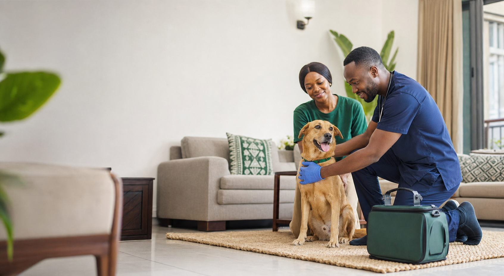A veterinary professional giving a calm home checkup to a dog